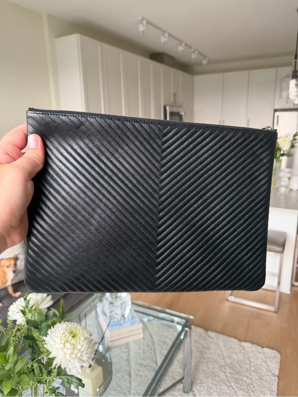 CHANEL Black Chevron Quilted Leather O Case Large with Silver CC